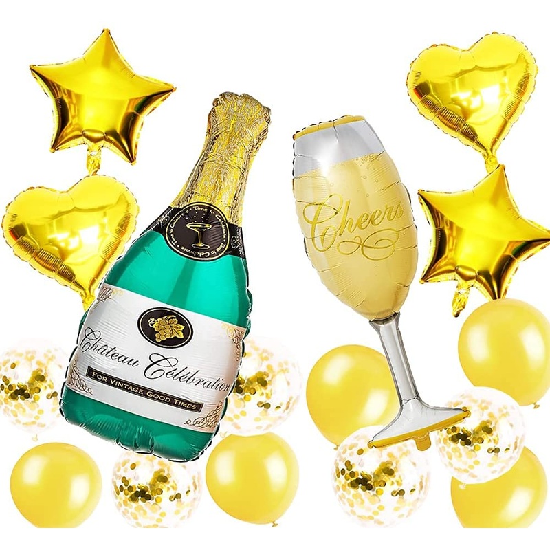 Champagne Bottle Goblet Party Balloons 16Pcs Aluminum Film Foil Balloon Kits for Anniversary Birthday Celebration Wedding Bachelor Party Decorations (Balloons)
