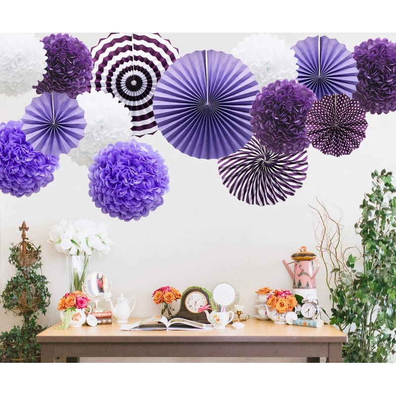 Purple Hanging Paper Party Decorations,-Round Paper Fans Set Paper Pom Poms Flowers For Birthday/ Wedding /Baby Shower