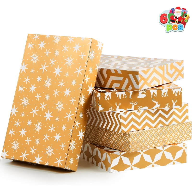 6 Pcs Christmas Boxes, Foil Golden Patterned Shirt Wrap Boxes 17" x 11" x 2.5" with Lid and Base, Clothes, Wrapping Robe Boxes, Shirt Gift Boxes for Xmas, Birthdays, Wedding, 6 Designs