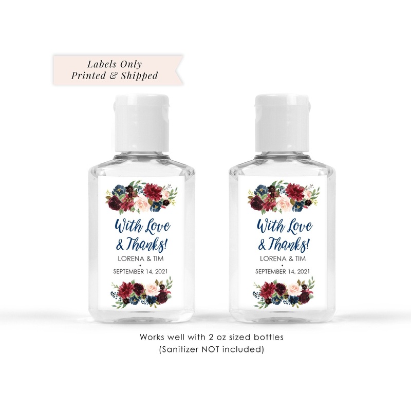 Bridal Shower Hand Sanitizer Labels Burgundy Navy Blue Floral Wedding Favor 2oz Labels Hand Sanitizer Labels - Set of 20 Labels
