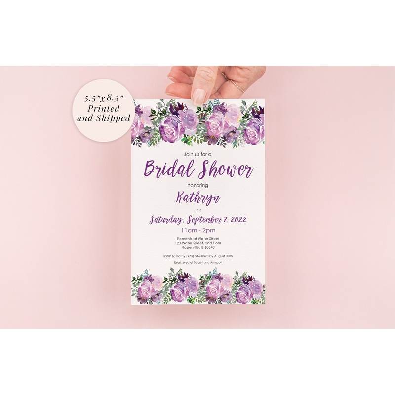 Bridal Shower Invitations Purple Floral Invites, Wedding Shower, Bridal Luncheon - Printed and Shipped - Set of 10