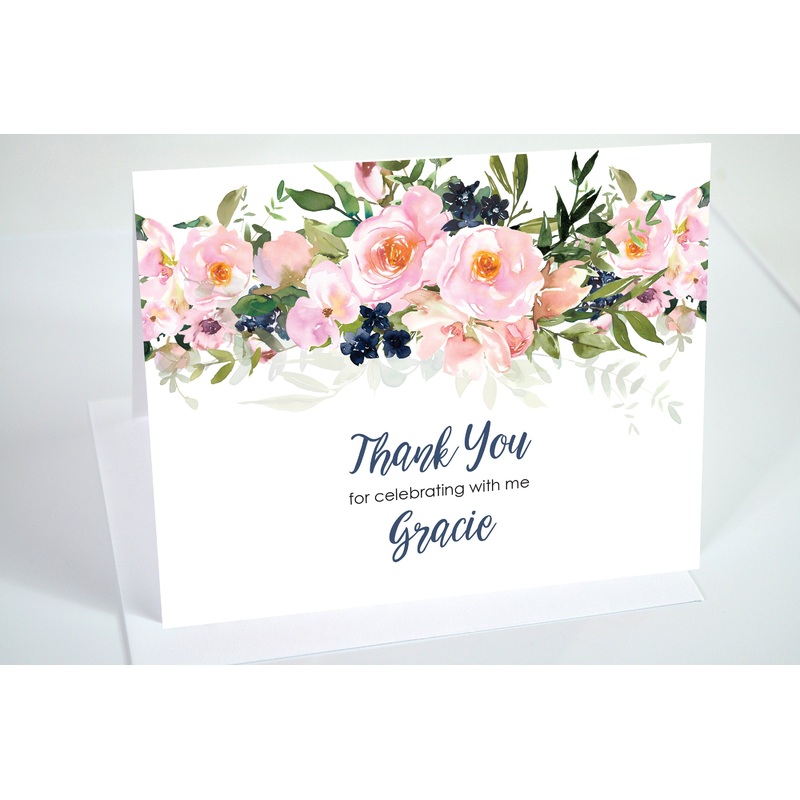 Bridal Shower Thank You Cards Pink Navy Blue Floral Thank You Notes, Wedding Thank You Cards - Printed and Shipped - Set of 10