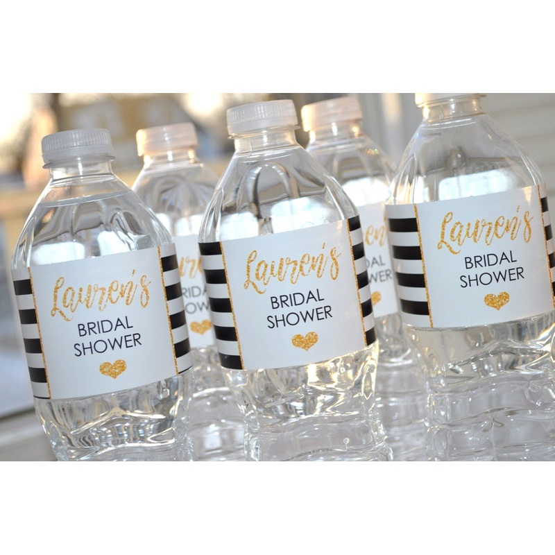 Bridal Shower Water Bottle Labels, Bachelorette Party, Wedding Labels, Engagement Party, Bachelorette Party, Gold & Black Stripe - Set of 10