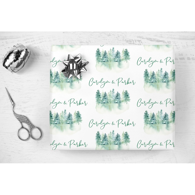 Bridal Shower Wrapping Paper Christmas Trees Evergreens Winter Wedding, Personalized Bridal Shower Wedding Gift Wrap Sheets