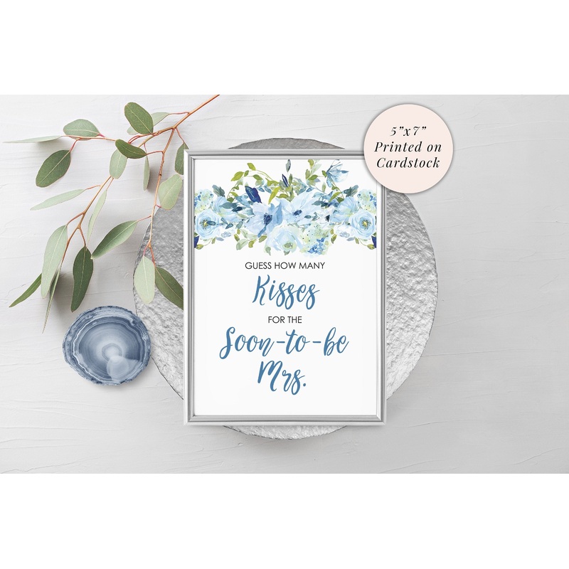Guess How Many Kisses Bridal Shower Game Sign 5x7 Print, Wedding Shower Game Sign, Bachelorette Party Blue Floral PRINTED & SHIPPED!