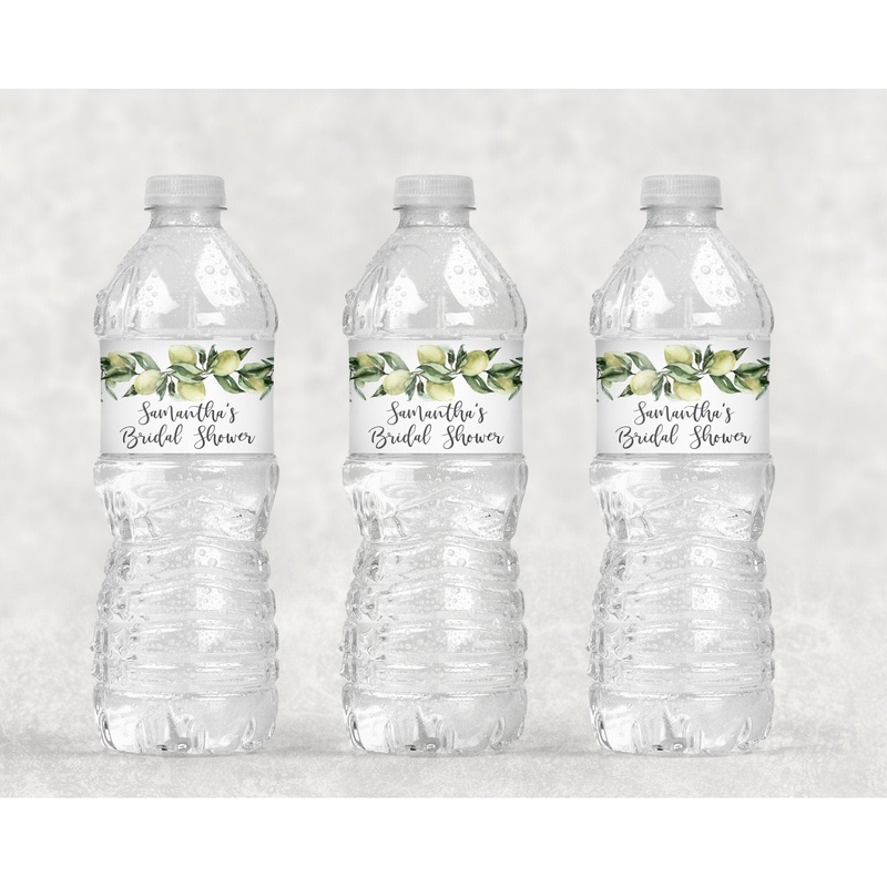 Lemon Bridal Shower Water Bottle Labels, Lemon Citrus Wedding Italian Rustic Olive Branch, Waterproof Bottle Wraps - Set of 10