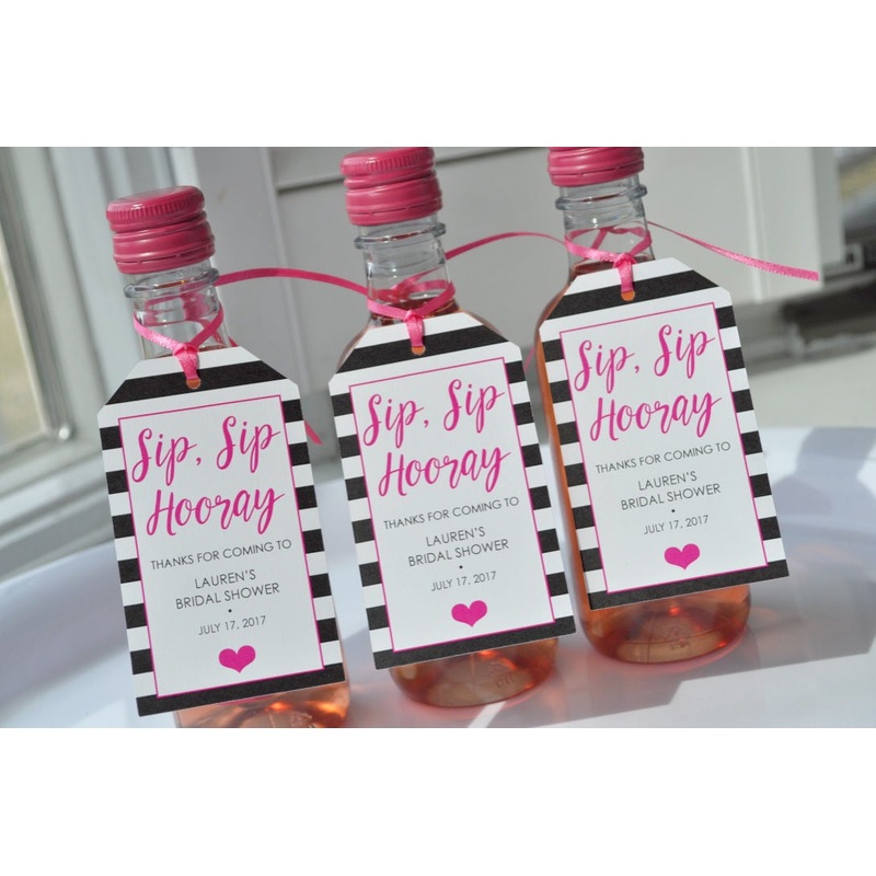 Mini Wine Bottle Favor Tags, Bridal Shower Favors, Wedding Favors, Mini Champagne Tags, Mini Wine Bottle Favors, Hot Pink Black - Set of 12