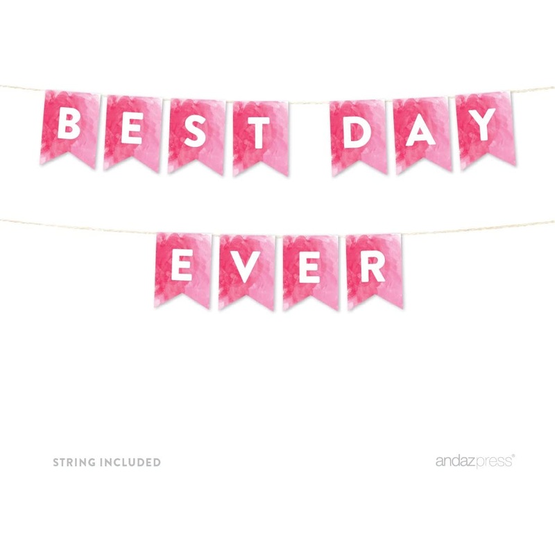 Pink Wedding Collection, Hanging Pennant Party Banner With String, Best Day Ever, 1 Set, Includes String