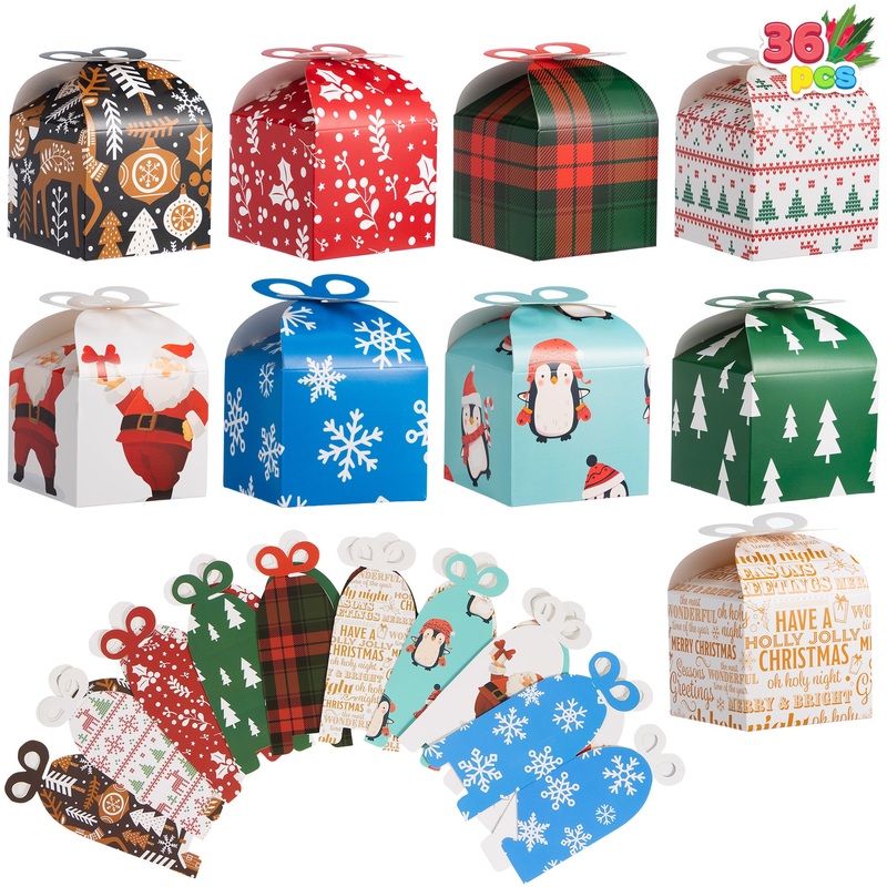 SYNCFUN 36 Pcs 3D Christmas Goodie Gift Boxes with Bow for Xmas Holiday Wedding Decoration Candy Cookie Boxes, Kids School Classrooms Party Favor Supplies