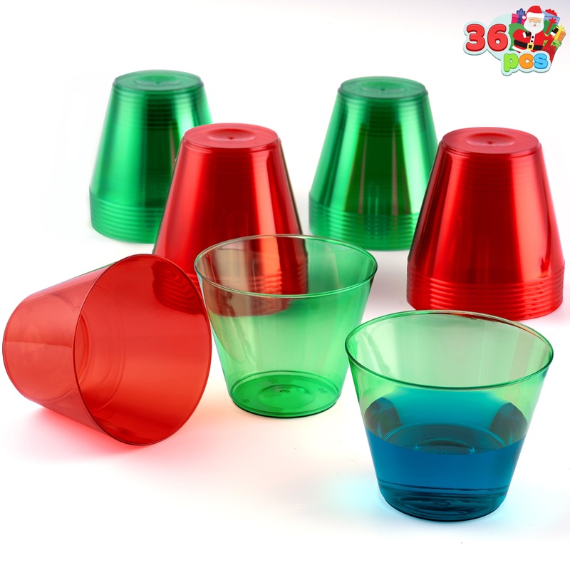 SYNCFUN 36 Pcs Clear Disposable Plastic Cups, 9 OZ Christmas Red and Green Plastic Drinking Cups, Plastic Wine Glasses for Xmas Party Supplies, Wedding, Thanksgiving, Birthday, Holiday, New Year
