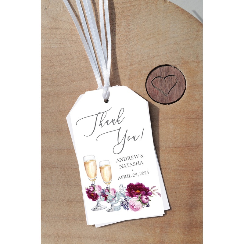 Thank You Wedding Favor Tags Burgundy Floral Custom Wedding Tags Champagne Glass Wedding Favors Wedding Guest Tags - Set of 12