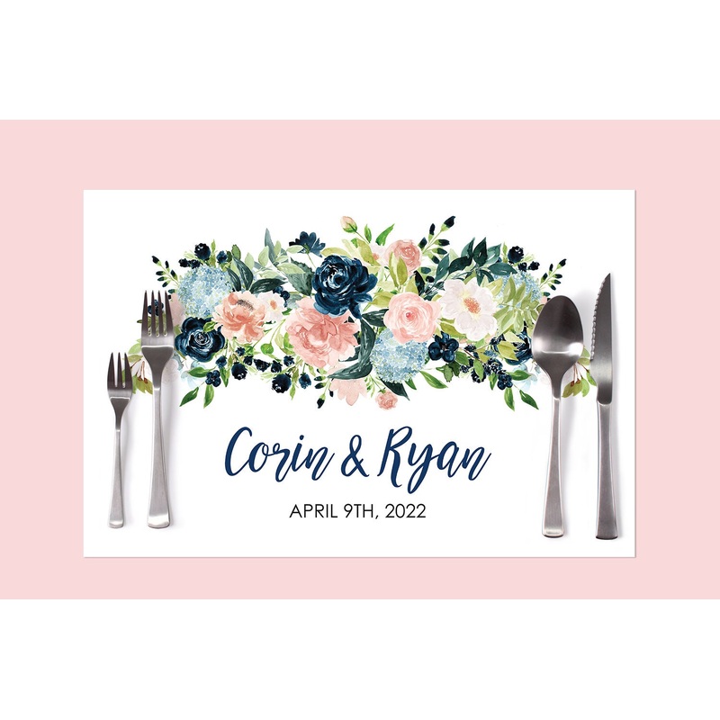 Wedding Paper Placemats Navy Pink Floral Decorations Tableware Disposable Personalized Placemats - Printed & Shipped Set of 6