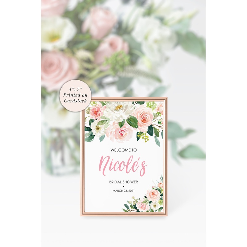 Wedding Welcome Sign 5x7 Print, Welcome Bridal Shower Sign, Personalized Wedding Sign, Baby Shower Sign Black Pink Floral PRINTED & SHIPPED!