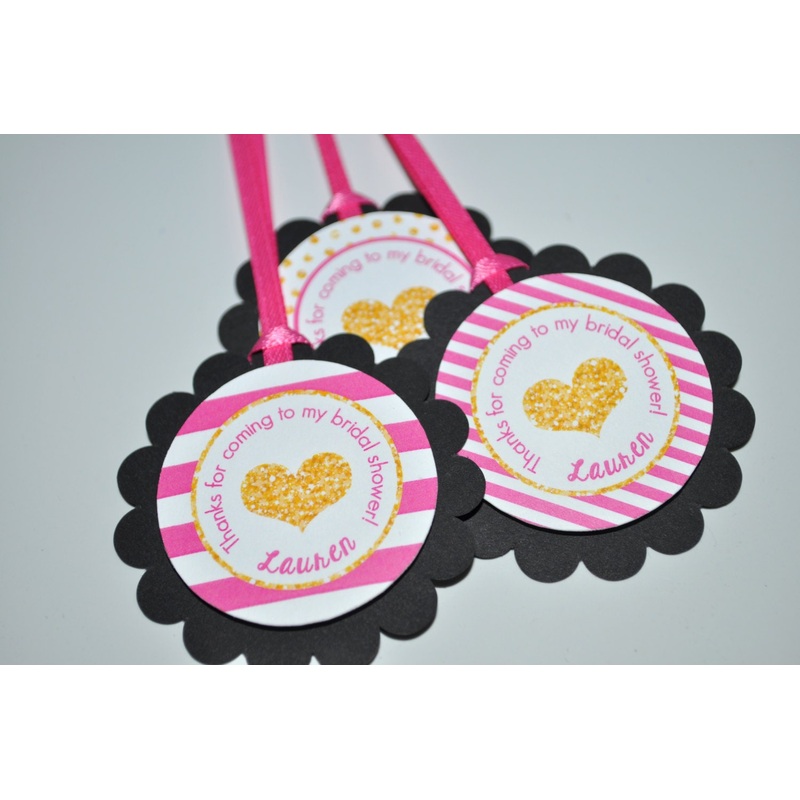 Bridal Shower Favor Tags, Bachelorette Thank You Favors, Wedding Favor Tags, Thank You Favor Tags, Pink, Black and Gold Heart - Set of 12