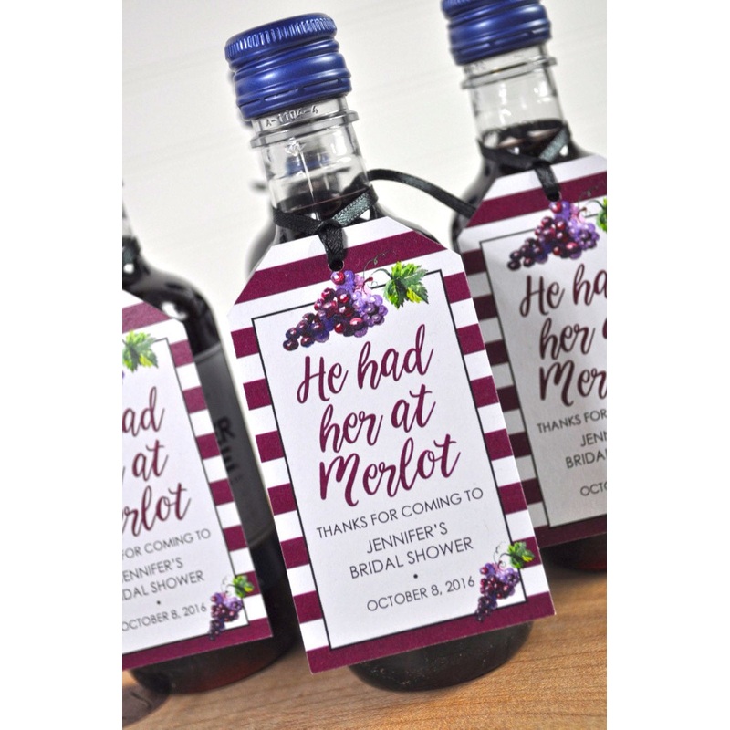Bridal Shower Favor Tags for Mini Wine Bottles, Bachelorette Favors, Wedding Favors, Thank You Tags, He Had Her At Merlot - Set of 12