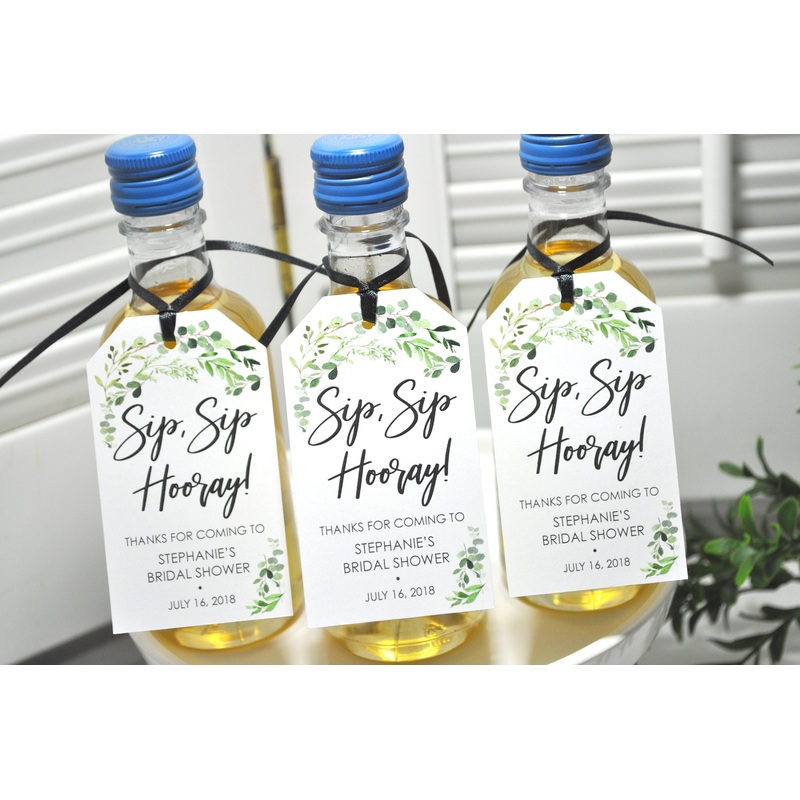 Bridal Shower Favor Tags for Mini Wine Bottles, Wedding Favors, Mini Champagne Tags, Personalized Wedding Tags Greenery Leaf - Set of 12