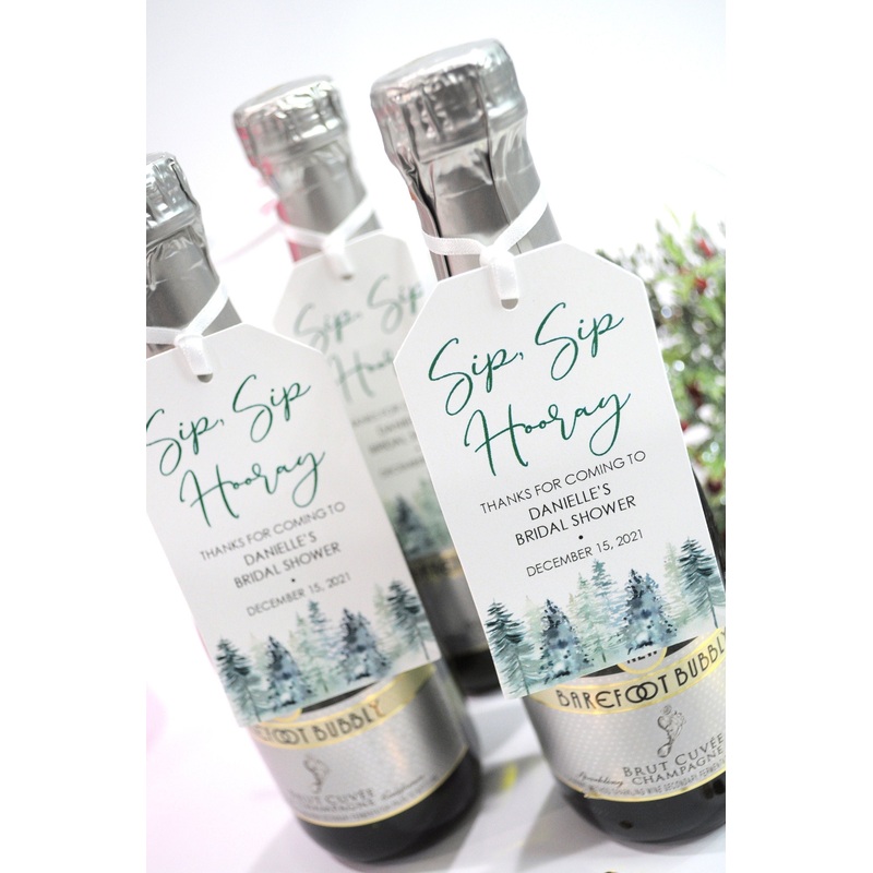 Bridal Shower Favor Tags for Mini Wine Bottles, Wedding Favors Mini Champagne Tags, Winter Wedding Tag Christmas Pine Tree - Set of 12
