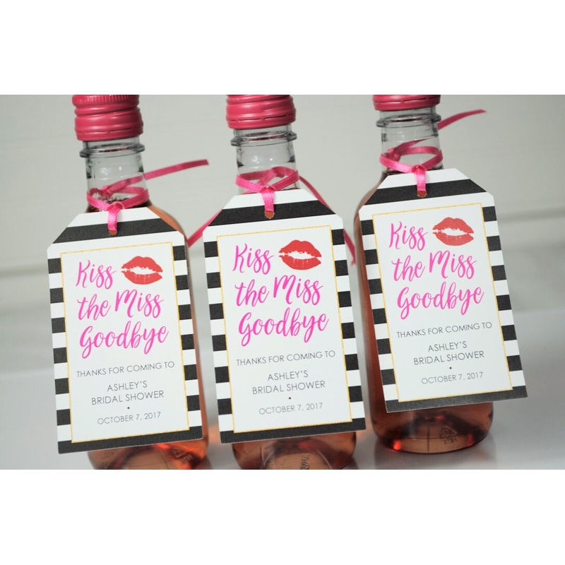 Bridal Shower Favor Tags, Kiss The Miss Goodbye, Mini Wine Bottle Tags, Mini Champagne Tags, Wedding Favors, Personalized Favors - Set of 12