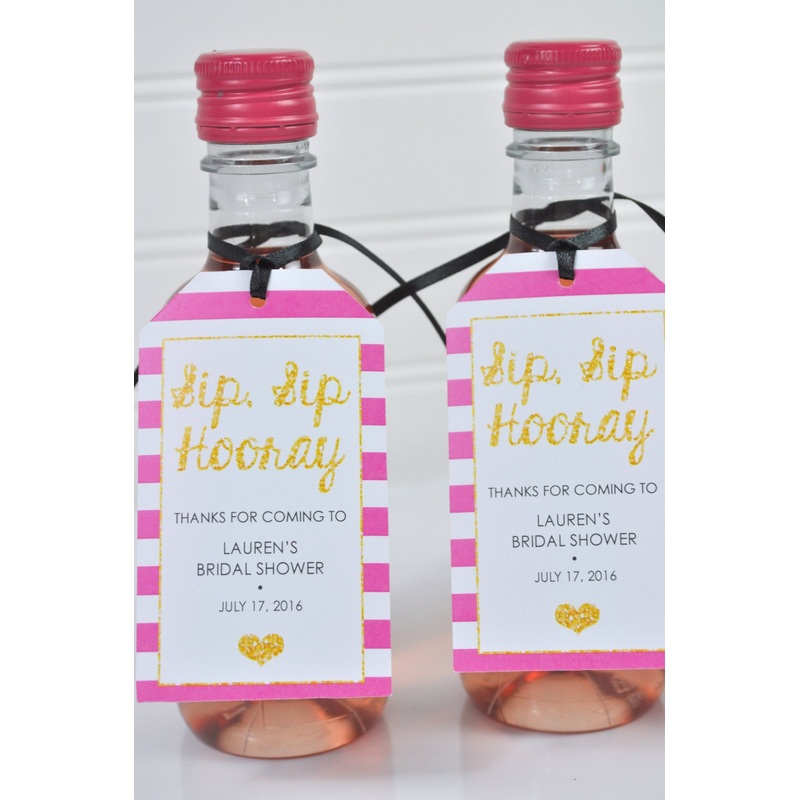 Bridal Shower Favor Tags Mini Wine Bottles, Wedding Favors, Champagne Tags, Sip Sip Hooray Tags, Personalized Favors Pink & Gold - Set of 12
