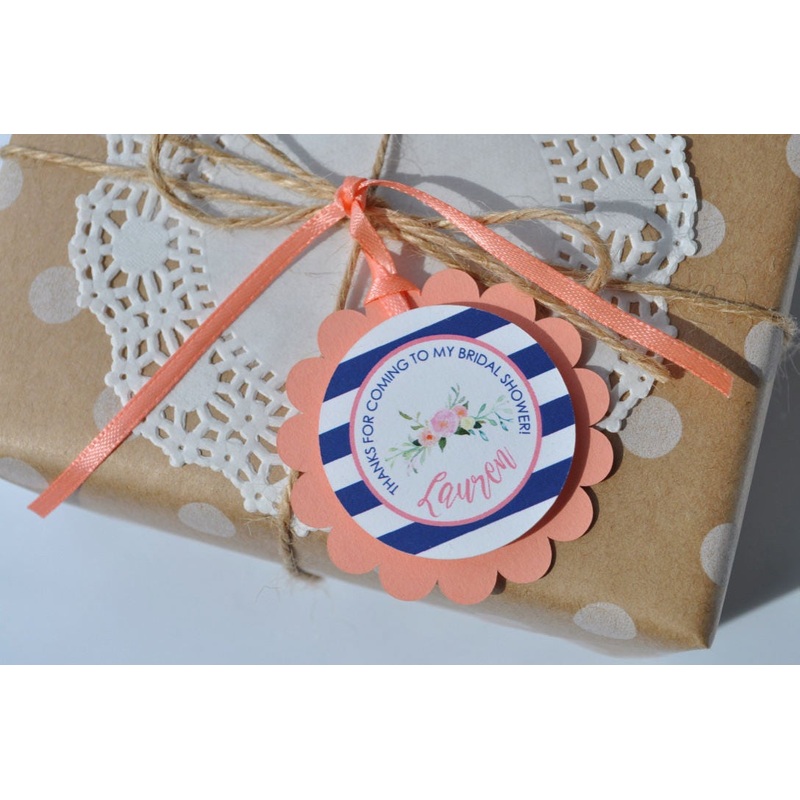Bridal Shower Favor Tags, Wedding Thank You Tags, Bridal Shower Favors, Bachelorette, Personalized Favor Tags, CORAL & NAVY BLUE - Set of 12