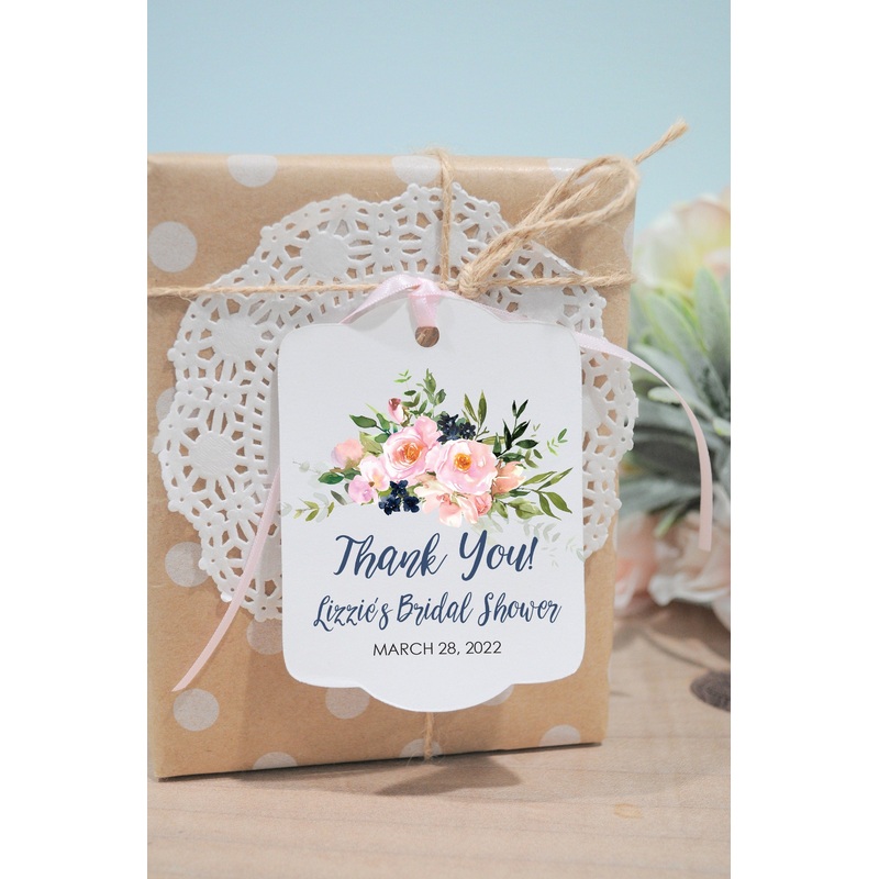 Bridal Shower Favor Tags, Wedding Thank You Tags Favors Personalized Wedding Tags, Pink Navy Blue Floral Shower Hang Tags - Set of 12