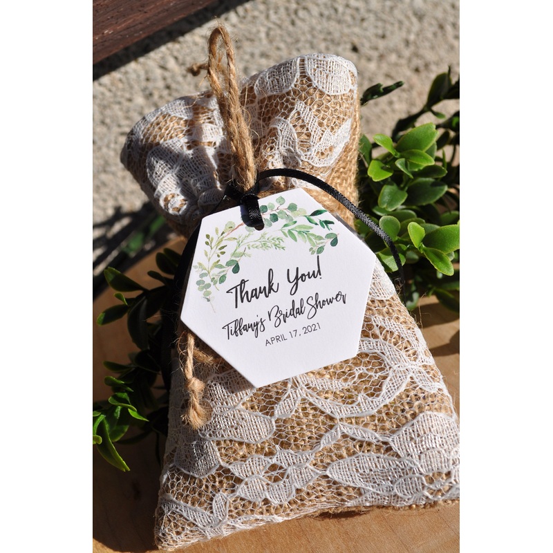 Bridal Shower Favor Thank You Tags Greenery Leaf Hexagon 2", Wedding Favors Personalized Wedding Tags, Bridal Shower Hang Tags - Set of 12