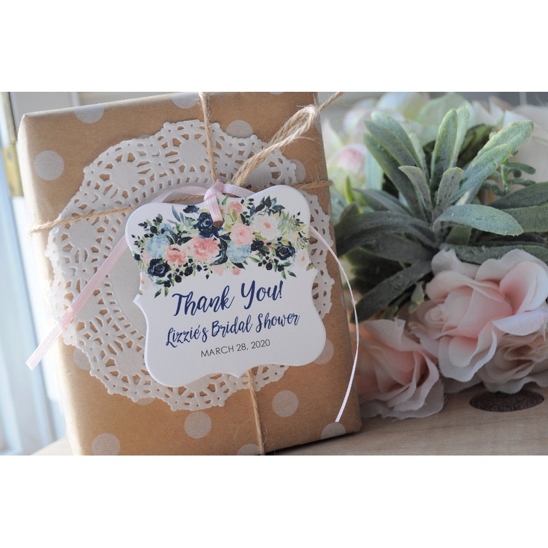 Bridal Shower Favor Thank You Tags, Wedding Favors Personalized Wedding Tags, Navy Blue Pink Floral Shower Hang Tags - Set of 12