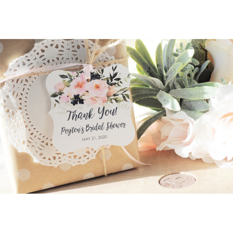 Bridal Shower Favor Thank You Tags, Wedding Favors Personalized Wedding Tags, Pink Navy Blue Floral Shower Hang Tags - Set of 12