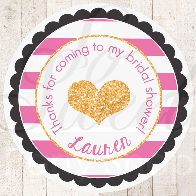 Bridal Shower Favors, Wedding Favor Stickers, Bachelorette Favors, Engagement Party Favors, Gold Heart Pink and Black Stripe - Set of 24