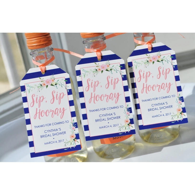 Bridal Shower Favors, Wedding Favors, Mini Wine Bottle Favor Tags, Champagne Tags, Sip Sip Hooray, Bachelorette, Coral & Blue - Set of 12