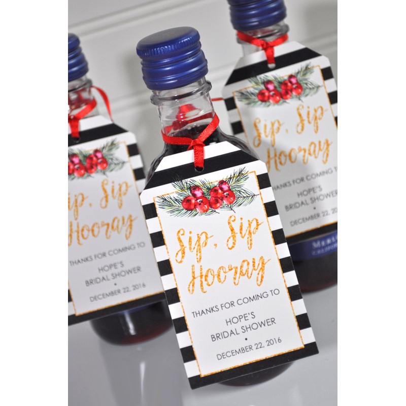 Bridal Shower Favors, Wine Bottle Favor Tags, Mini Champagne Tags, Personalized Wedding Mini Wine Bottle Favors, Winter Wedding - Set of 12