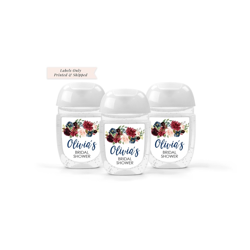 Bridal Shower Hand Sanitizer Labels Burgundy Navy Blue Floral Wedding Favor, Bachelorette Hand Sanitizer Labels - Set of 30 Labels