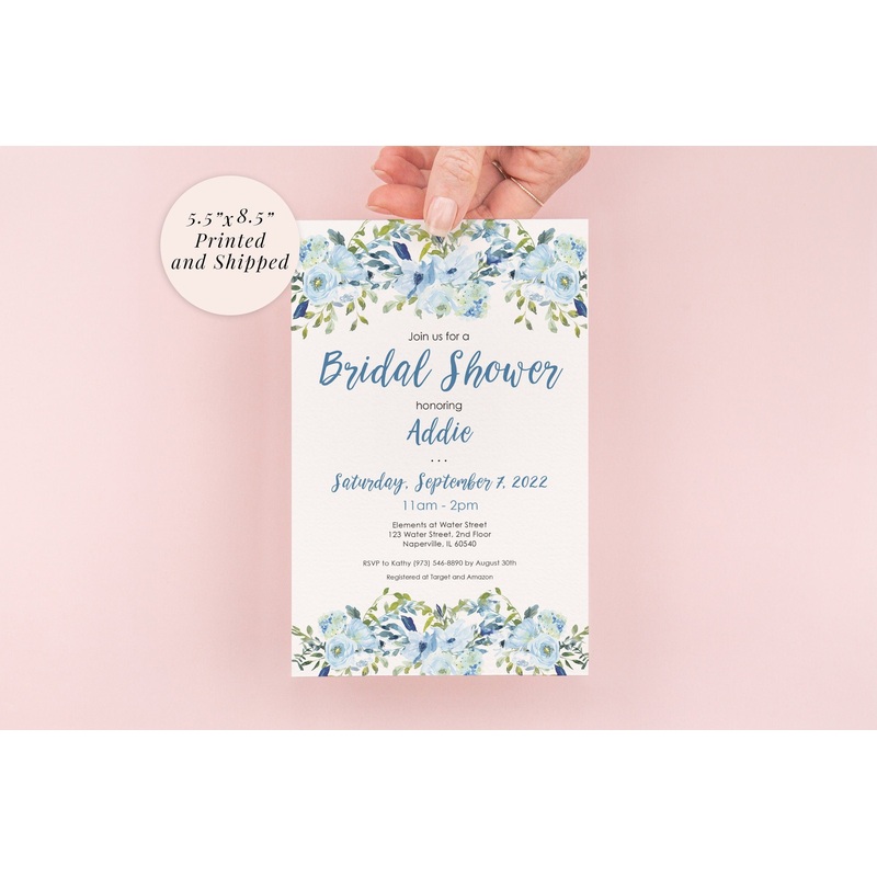 Bridal Shower Invitations Blue Floral Invites, Wedding Shower, Bridal Luncheon - Printed and Shipped - Set of 10