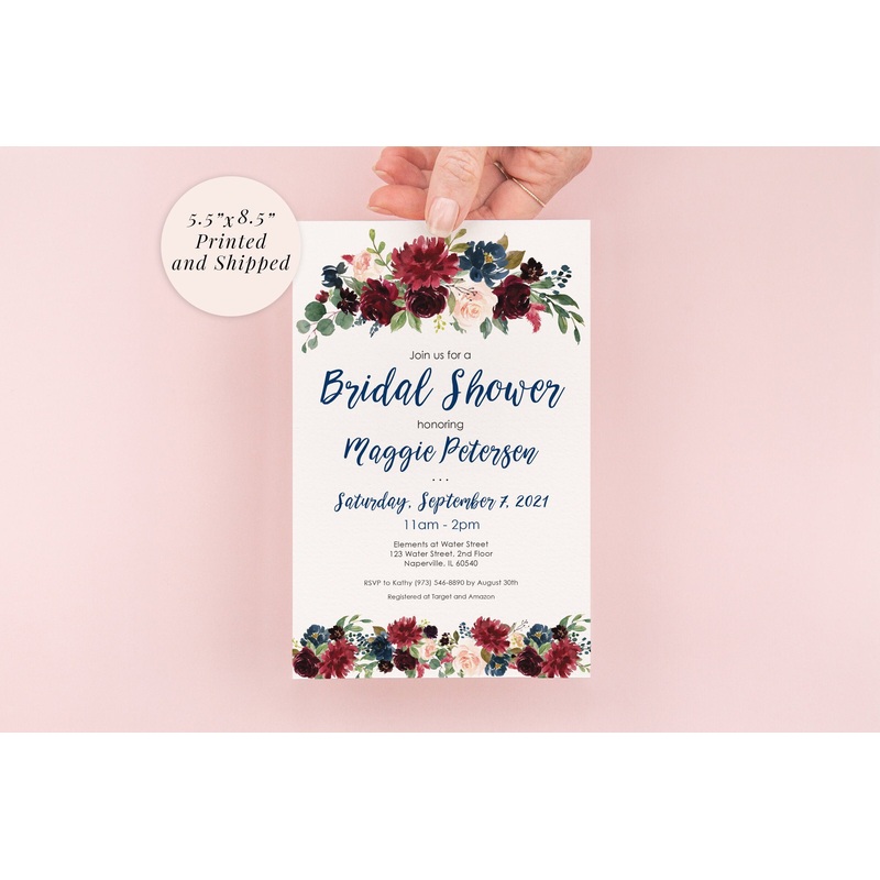 Bridal Shower Invitations Burgundy Navy Blue Floral Invites, Wedding Shower, Bridal Luncheon - Printed and Shipped - Set of 10