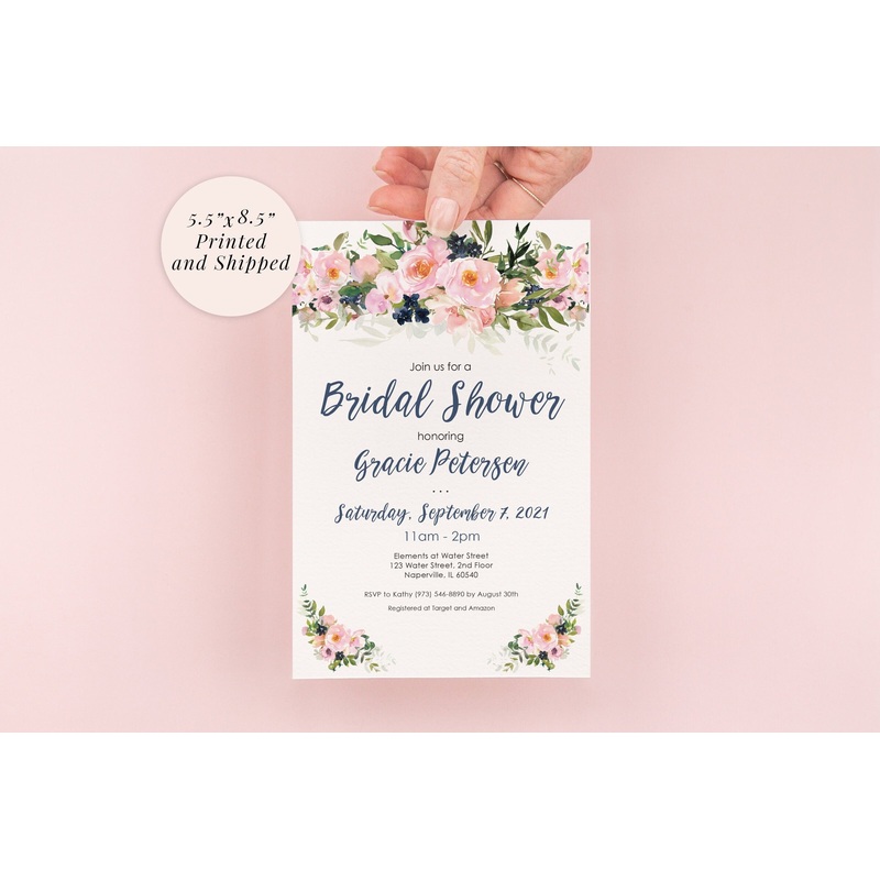 Bridal Shower Invitations Pink Navy Blue Floral Invites, Wedding Shower, Bridal Luncheon - Printed and Shipped - Set of 10