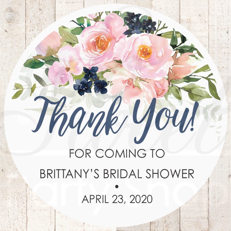 Bridal Shower Sticker Favors Pink Blush Navy Floral Wedding Favor Stickers, Thank You Stickers, Wedding Favor Sticker Labels - Set of 24