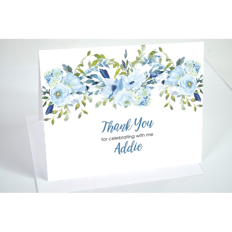 Bridal Shower Thank You Cards Blue Floral Thank You Notes, Wedding Thank You Cards - Printed and Shipped - Set of 10