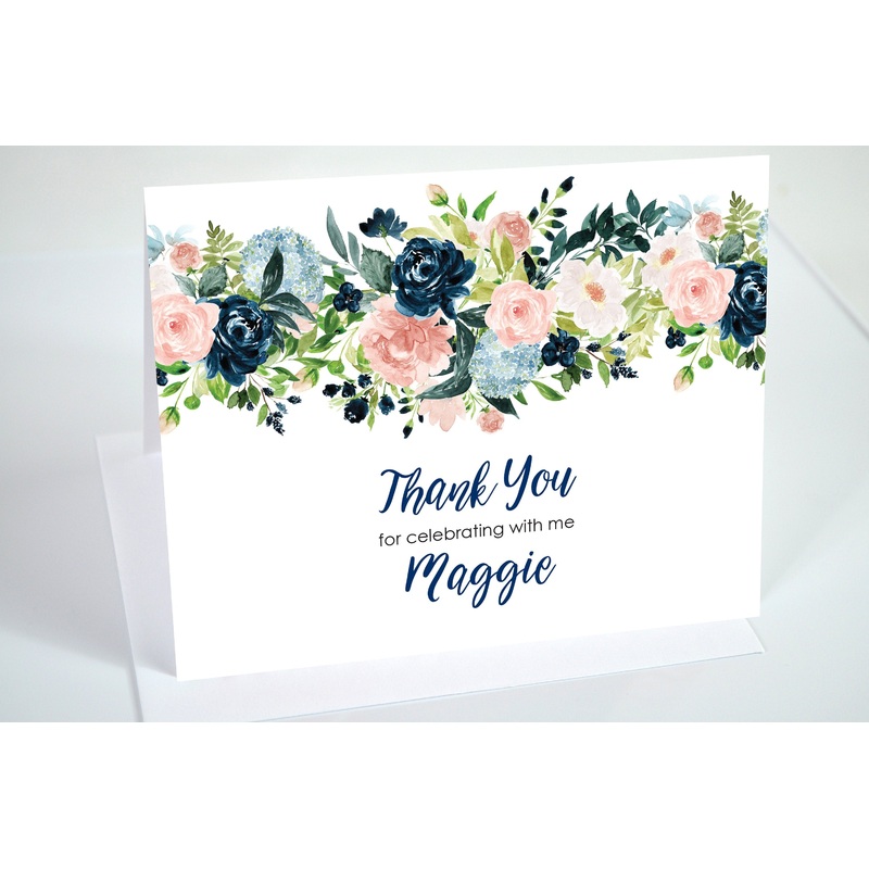 Bridal Shower Thank You Cards Navy Blue Pink Floral Thank You Notes, Wedding Thank You Cards - Printed and Shipped - Set of 10