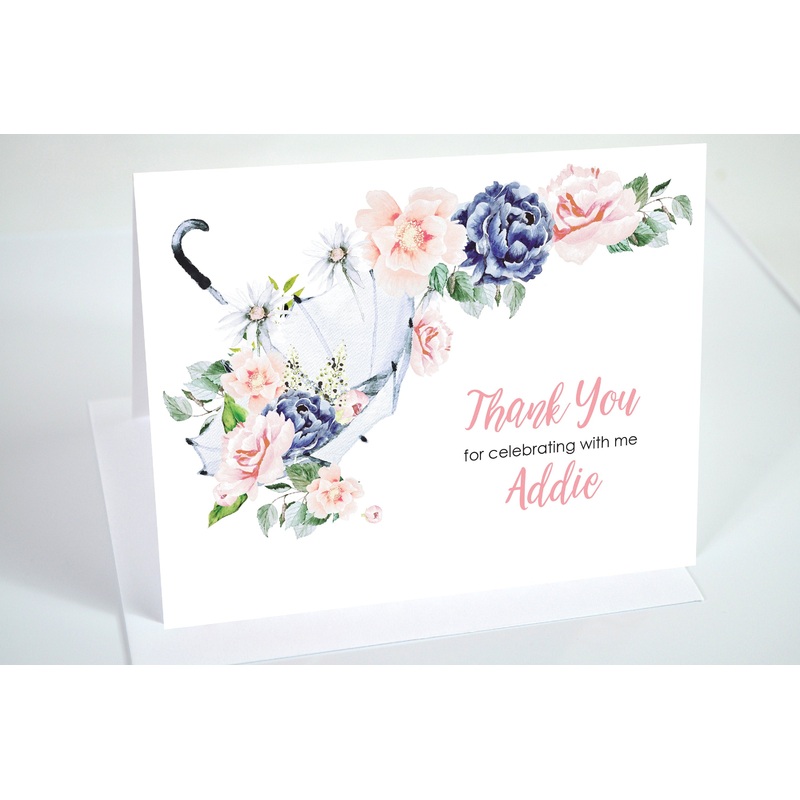Bridal Shower Thank You Cards Umbrella Blush Pink Blue Floral, Wedding Thank You Notes - Printed and Shipped - Set of 10