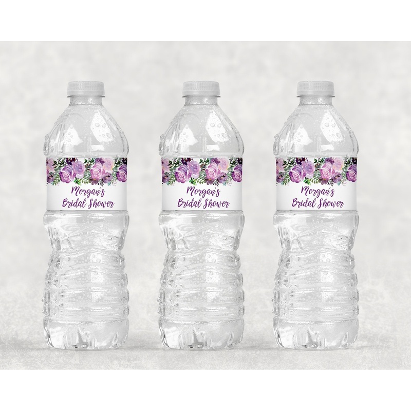 Bridal Shower Water Bottle Labels Purple Floral, Bachelorette Party Wedding Labels, Engagement Party Bachelorette Party - Set of 10