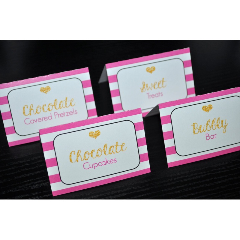 Food Label Cards, Buffet Cards, Candy Labels, Place Cards, Bachelorette, Bridal Shower, Wedding - Pink, Black and Gold Heart - Set of 12