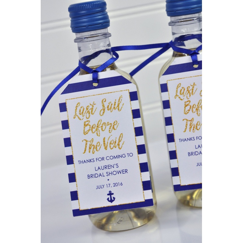 Mini Wine Bottle Favor Tags, Bridal Shower Favors, Last Sail Before The Veil, Champagne Tags, Nautical Bridal Shower, Wedding - Set of 12