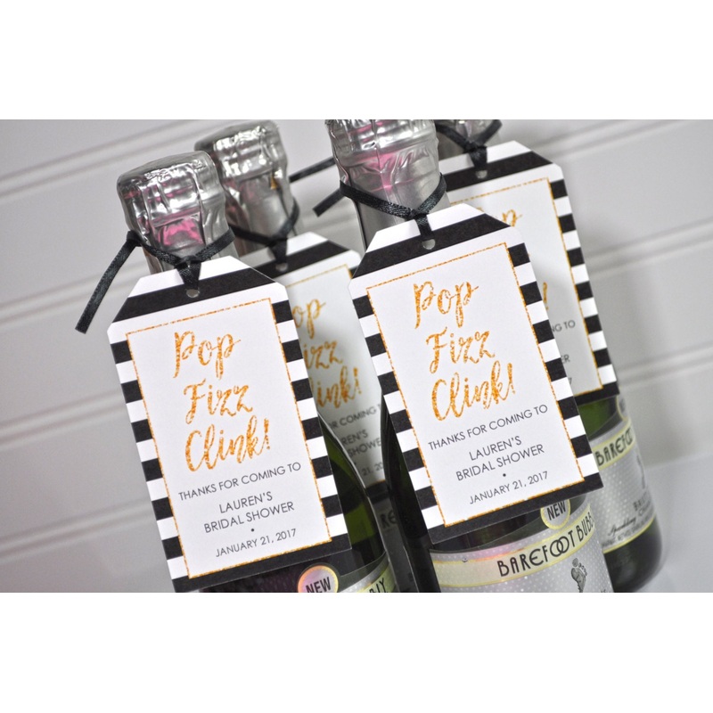 Mini Wine Bottle Favor Tags, Bridal Shower Favors, Personalized Wedding Favors, Mini Champagne Tags, Pop Fizz Clink, Black Gold - Set of 12