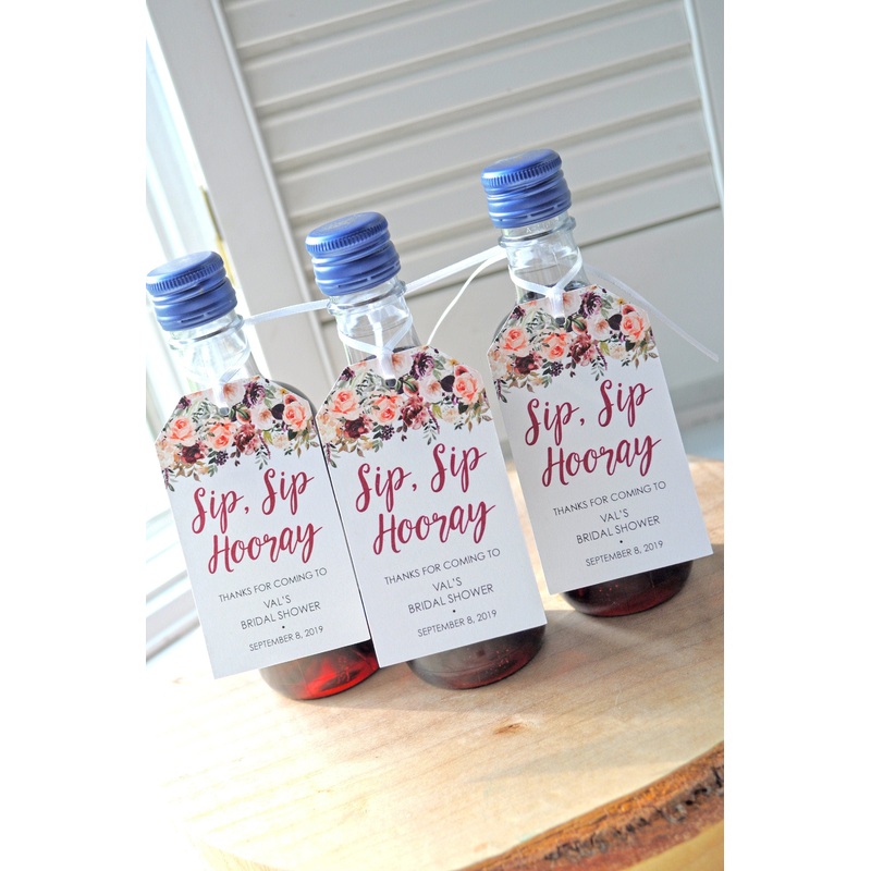Sip Sip Hooray Bridal Shower Favors Tags for Mini Wine Bottles, Fall Floral Wedding Favors, Mini Champagne Tags - Set of 12