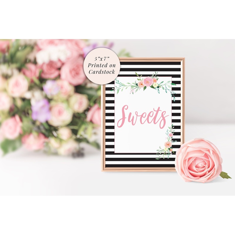 Sweets Sign 5x7 Print Bridal Shower Sign, Sweets Treat Table Wedding Sign, Baby Shower Sign, Black Pink Floral PRINTED & SHIPPED!