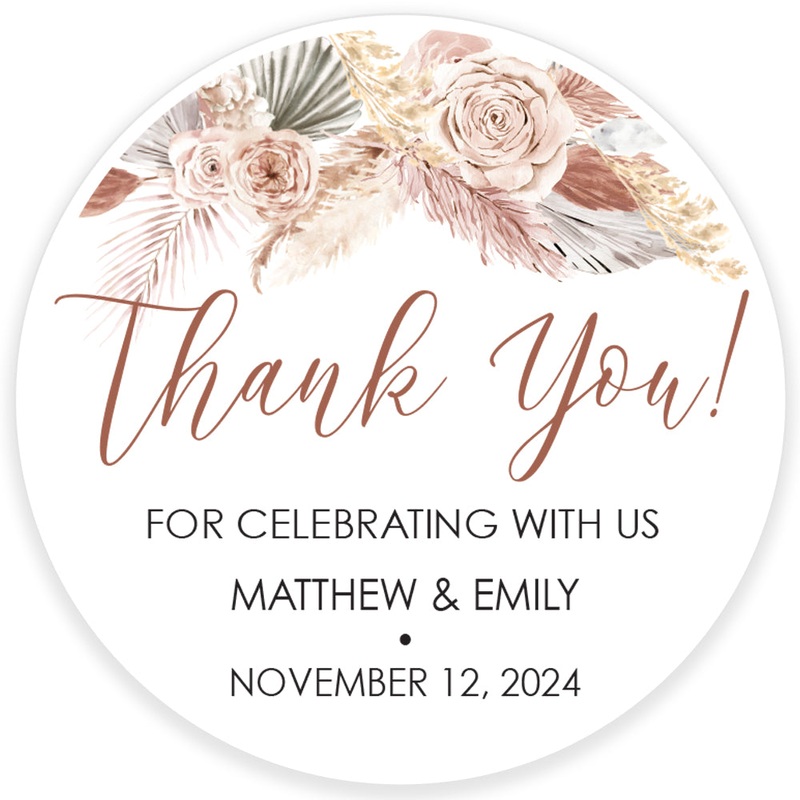 Wedding Favor Stickers Boho Floral Pampas Grass Wedding Thank You Stickers - Set of 24 Stickers