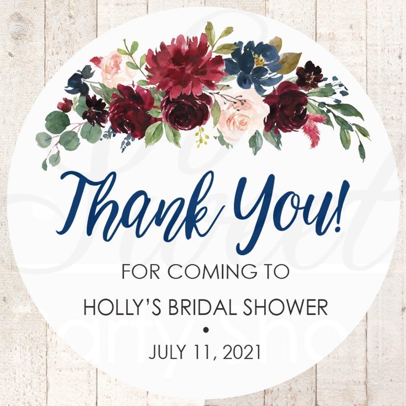 Wedding Favor Stickers, Thank You Stickers, Wedding Favor Sticker Labels, Bridal Shower Sticker Favors Burgundy Navy Blue Floral - Set of 24