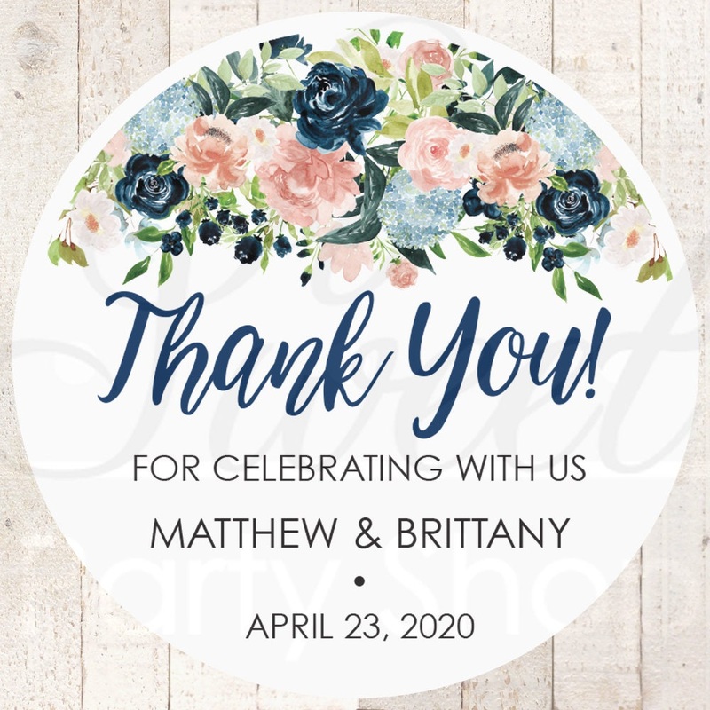 Wedding Favor Stickers, Thank You Stickers, Wedding Favor Sticker Labels, Bridal Shower Sticker Favors Navy Blue Pink Floral - Set of 24