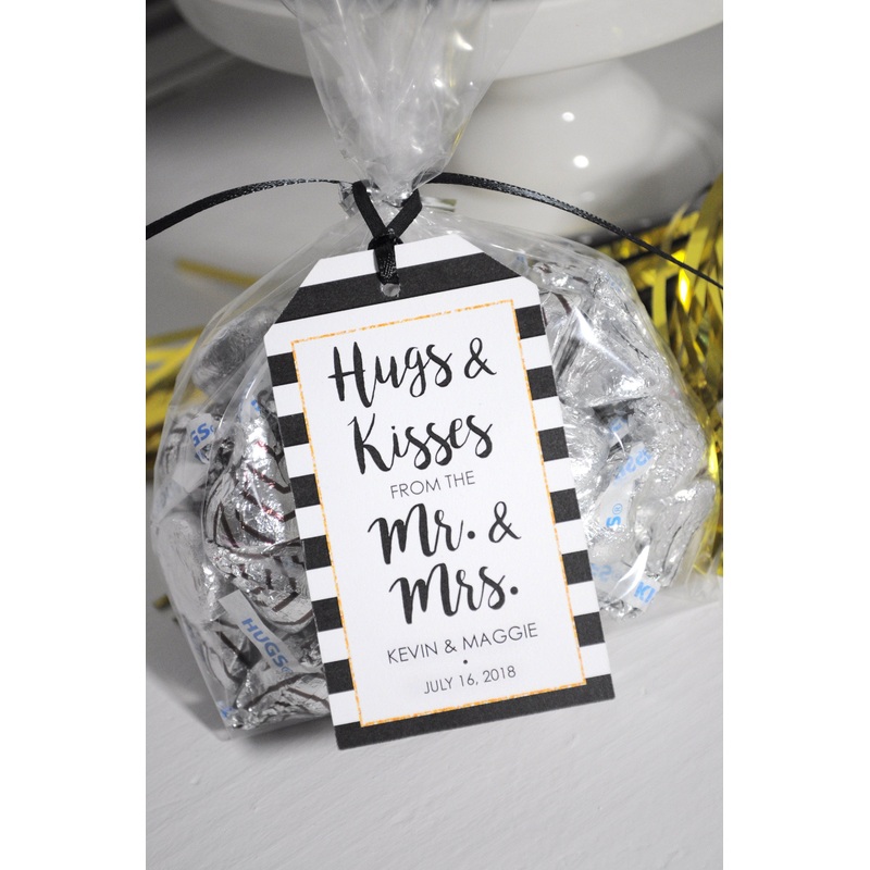 Wedding Favor Tags, Bridal Shower Favors, Hugs and Kisses Mr. & Mrs. Wedding Favors, Personalized Wedding Treat Tags - Set of 12 Tags