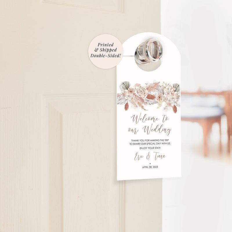 Wedding Hotel Door Hanger Boho Floral Pampas Grass, Hotel Guest Welcome Wedding Door Hanger Do Not Disturb - Printed and Shipped - Set of 10